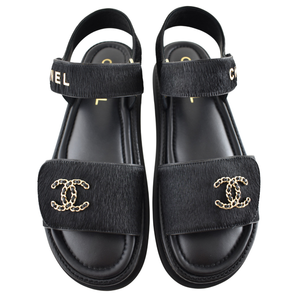 Chanel 24B Black Calf Hair Gold CC Logo Mule Slide Strap Flat Teva Dad Sandal 41 - Picture 2 of 16